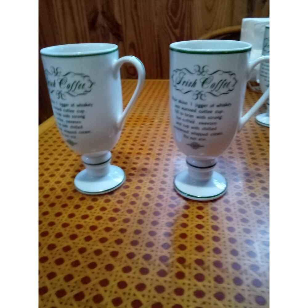 Vintage Irish Coffee Mug Cups Green and White with Recipe 1970's Set of 2